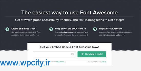 کد تعبیه شده وب سایت Font Awesome